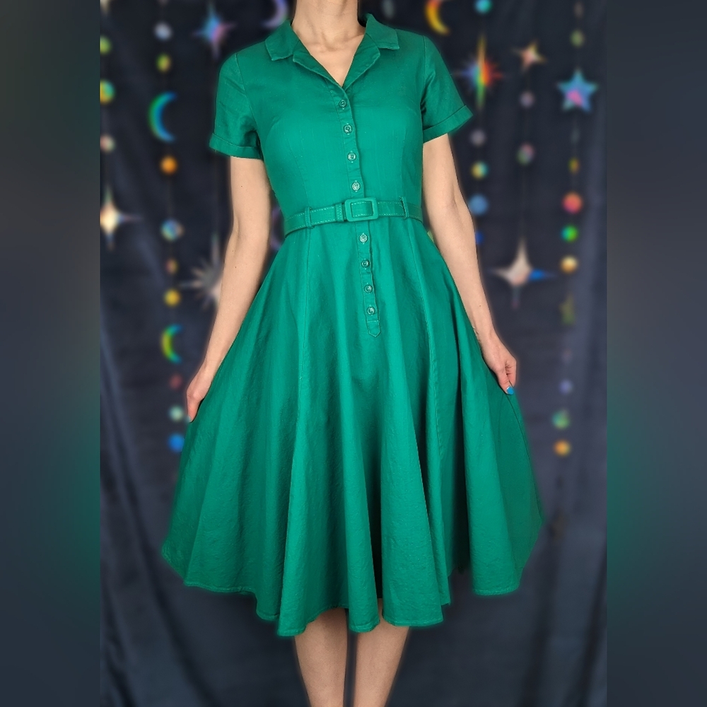 ModCloth x Collectif Caterina Swing Dress | Green Short Sleeve Shirtdress (US 4)